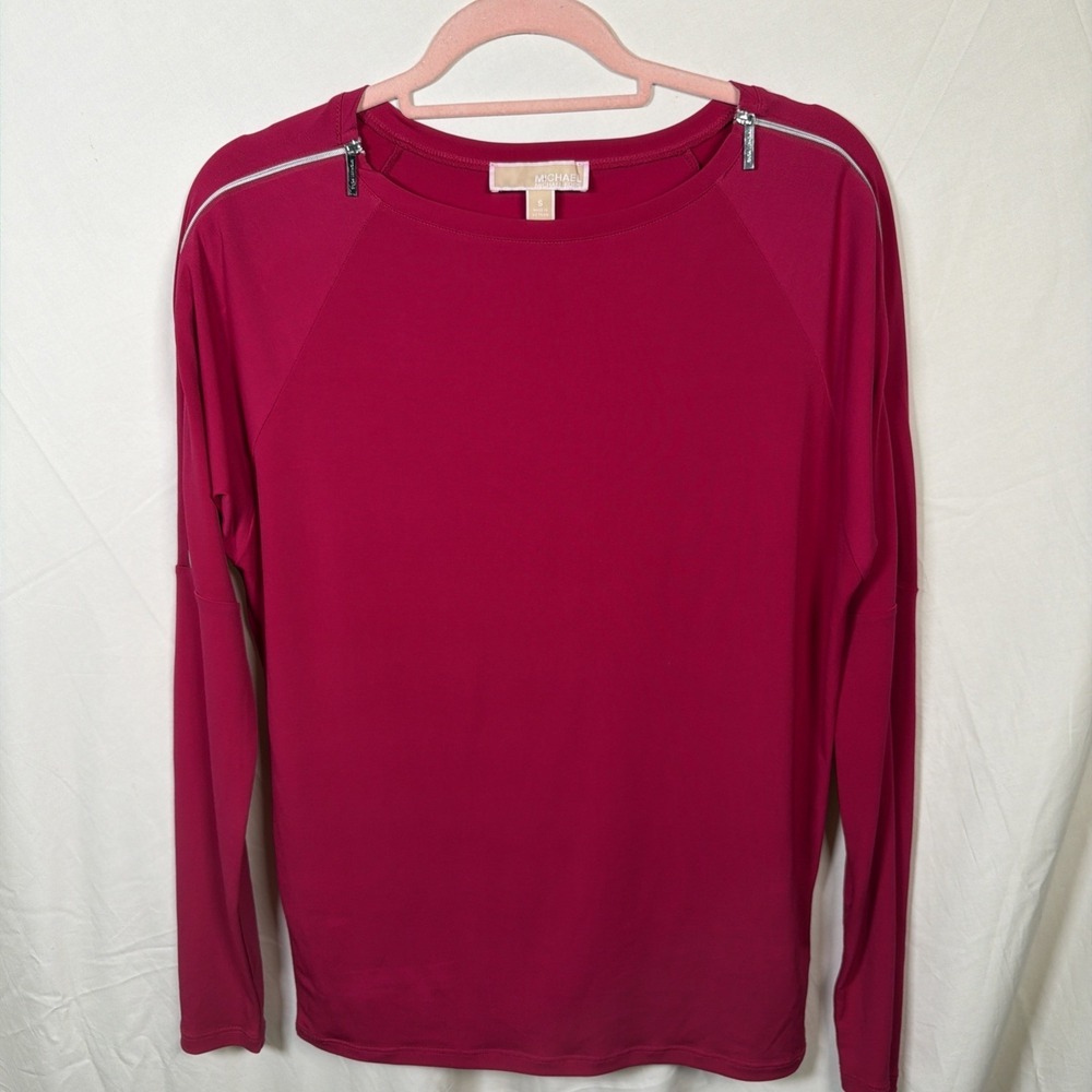 Michael Kors Womens Small Pink‎ Long Sleeve Top Zipper Shoulder Detail